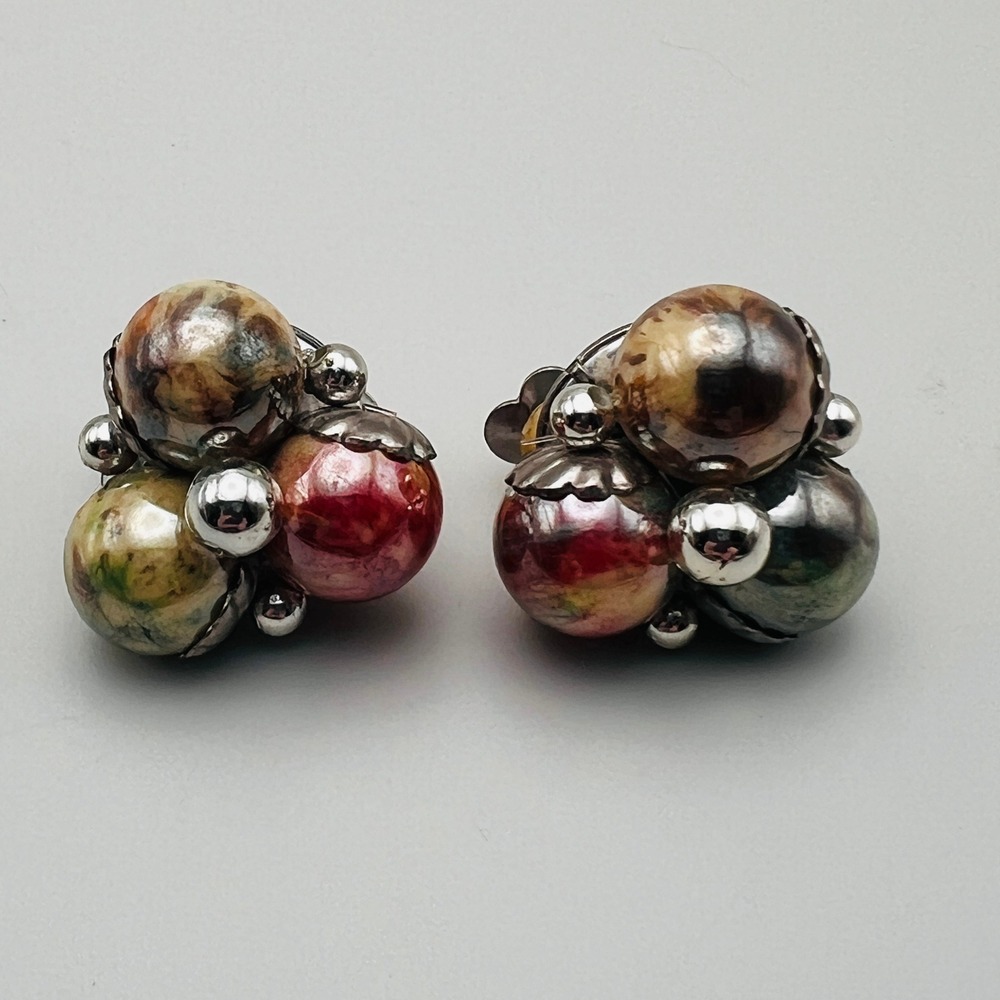 Vintage Marbled Cluster Clip On Earrings Silver Tone Multi Color Beads